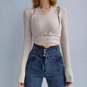 Cream Long Sleeve Crop Top